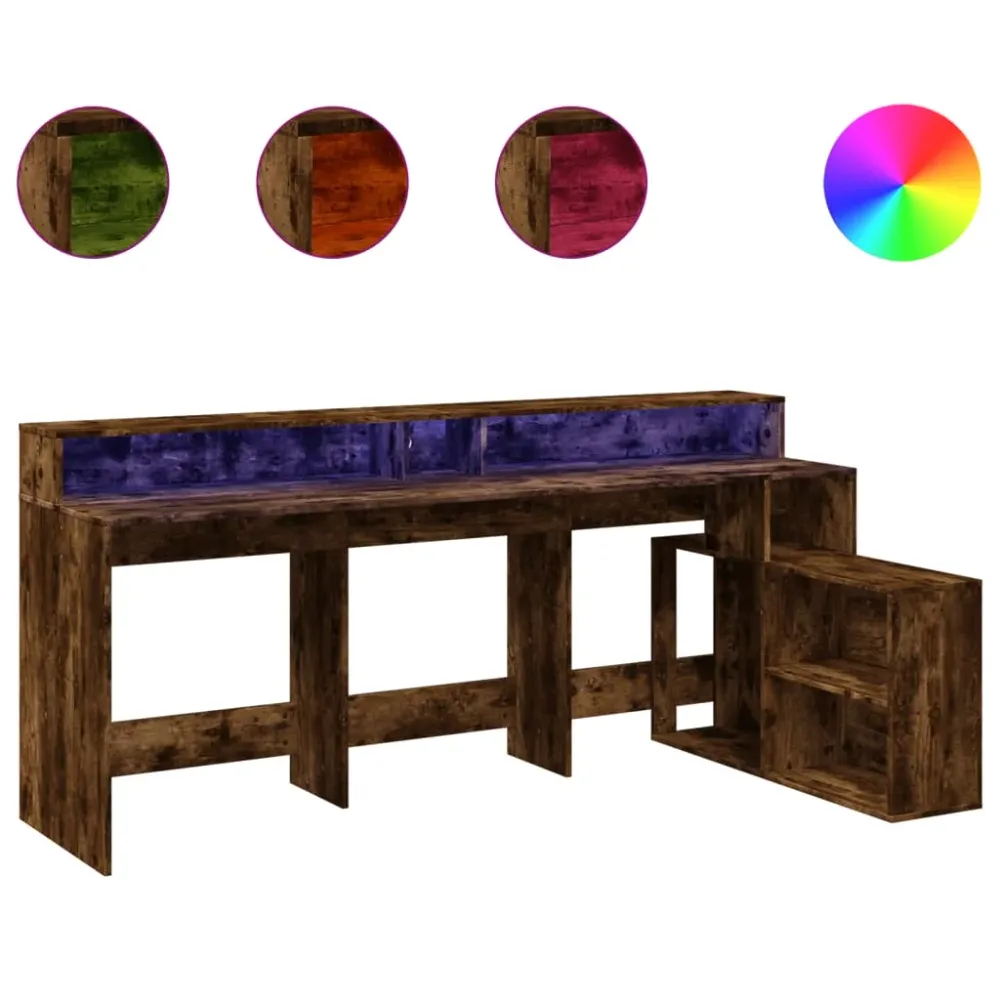 Bureau table poste de travail meuble d'ordinateur informatique étude et lumières LED chêne fumé 200 x 104 x 91cm bois ingé...