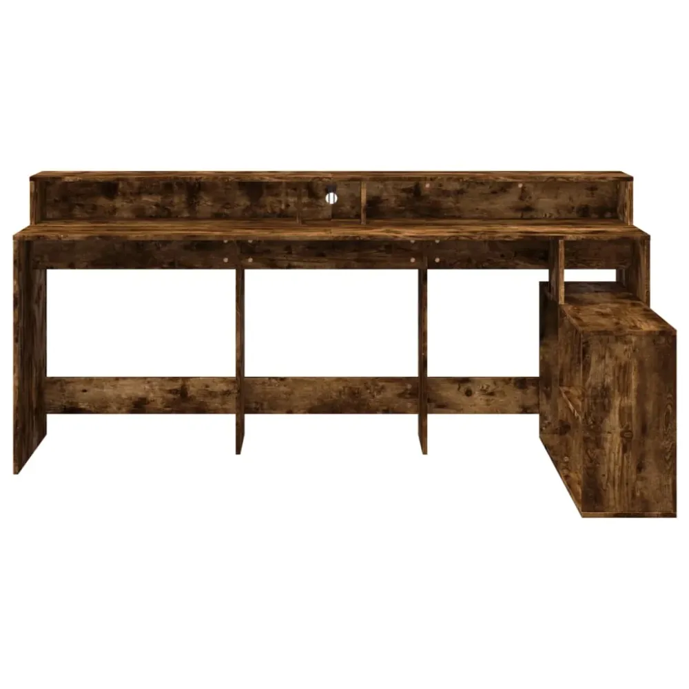 Bureau table poste de travail meuble d'ordinateur informatique étude et lumières LED chêne fumé 200 x 104 x 91cm bois ingé...