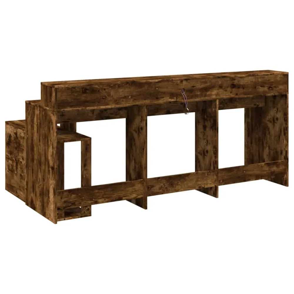 Bureau table poste de travail meuble d'ordinateur informatique étude et lumières LED chêne fumé 200 x 104 x 91cm bois ingé...