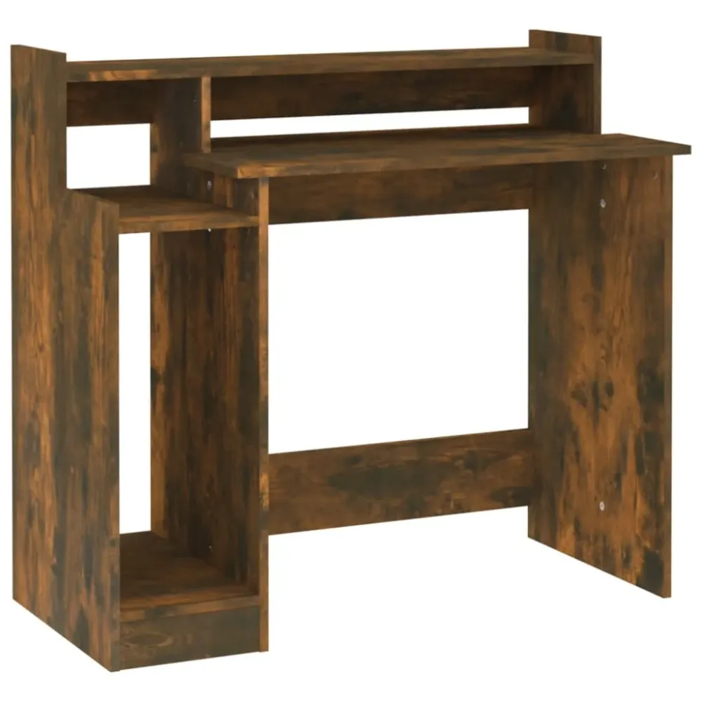 Bureau table poste de travail meuble d'ordinateur informatique étude et lumières LED chêne fumé 97 x 45 x 90 cm bois d'ing...