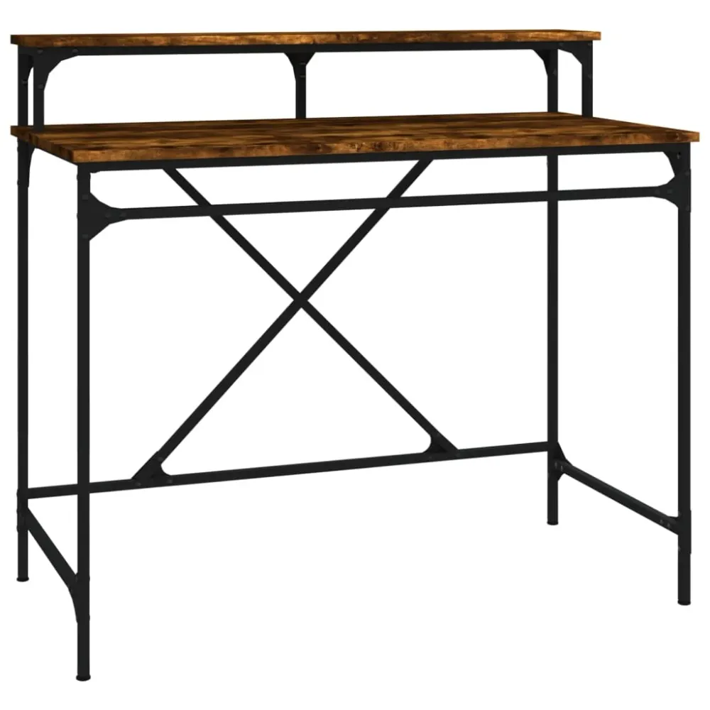 Bureau table poste de travail meuble d'ordinateur informatique étude chêne fumé 100 x 50 x 90 cm bois d'ingénierie et fer...