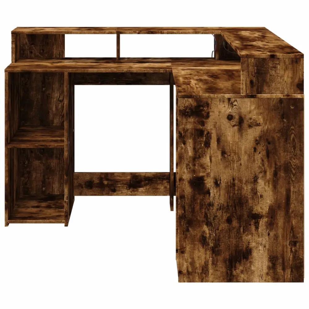 Bureau table poste de travail meuble d'ordinateur informatique étude et lumières LED chêne fumé 130 x 130 x 91cm bois ingé...