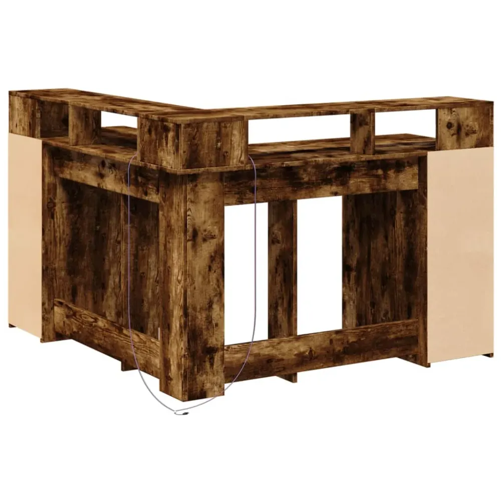 Bureau table poste de travail meuble d'ordinateur informatique étude et lumières LED chêne fumé 130 x 130 x 91cm bois ingé...