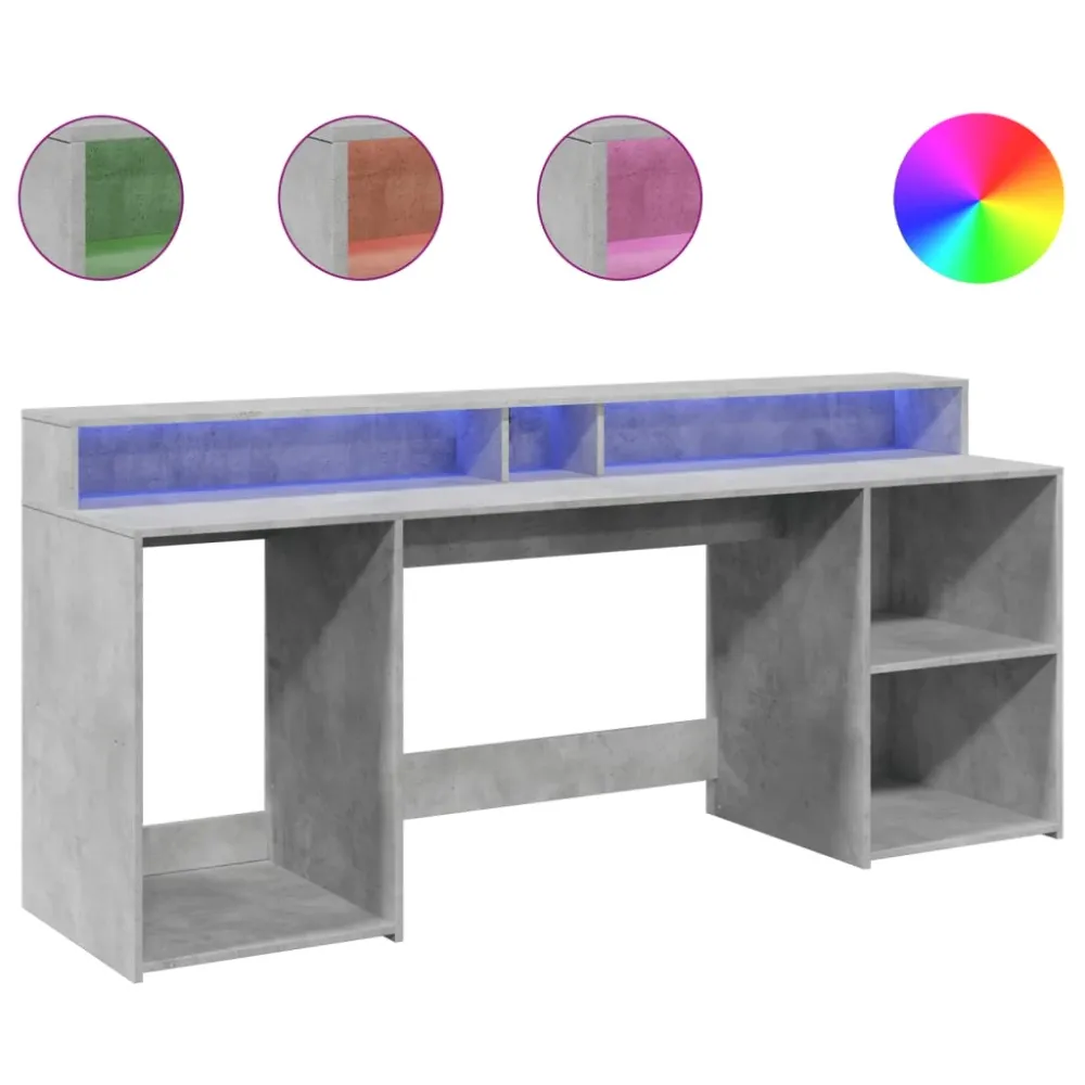 Bureau table poste de travail meuble d'ordinateur informatique étude et lumières LED 200 x 55 x 91cm bois d'ingénierie gri...