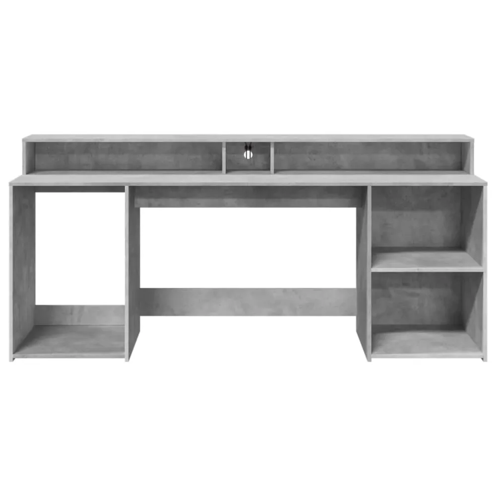 Bureau table poste de travail meuble d'ordinateur informatique étude et lumières LED 200 x 55 x 91cm bois d'ingénierie gri...