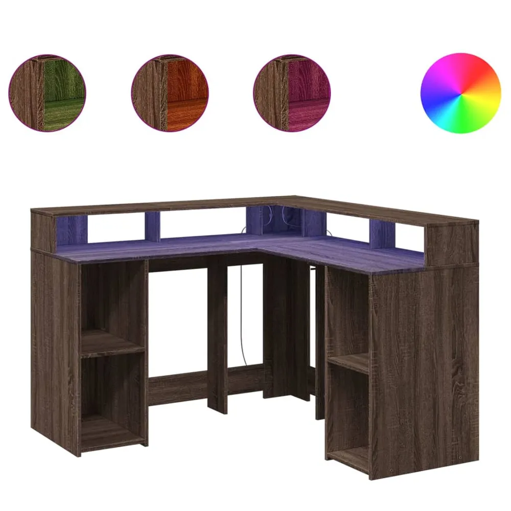 Bureau table poste de travail meuble d'ordinateur informatique étude et lumières LED chêne bois d'ingénierie brun 02_00237...
