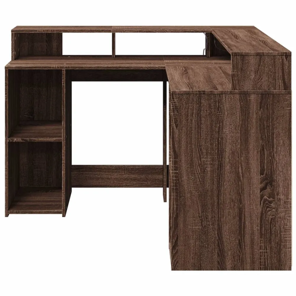 Bureau table poste de travail meuble d'ordinateur informatique étude et lumières LED chêne bois d'ingénierie brun 02_00237...