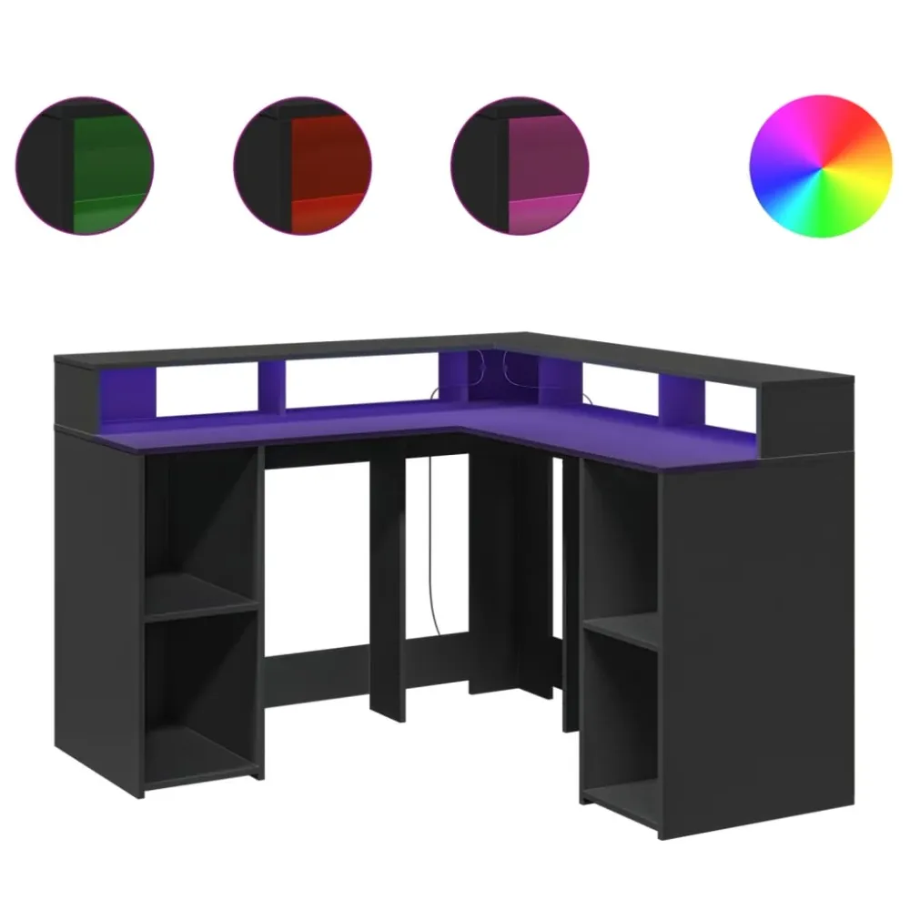 Bureau table poste de travail meuble d'ordinateur informatique étude avec lumières LED 130 x 130 x 91 cm bois d'ingénierie...