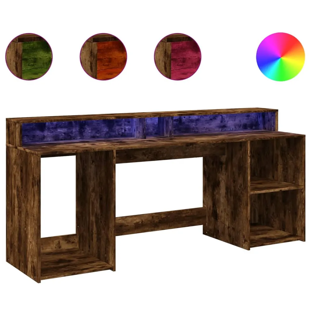 Bureau table poste de travail meuble d'ordinateur informatique étude et lumières LED chêne fumé 200 x 55 x 91cm bois d'ing...