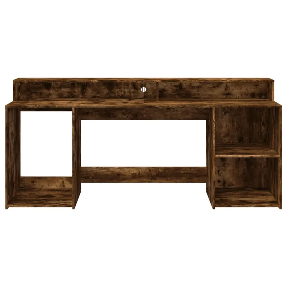 Bureau table poste de travail meuble d'ordinateur informatique étude et lumières LED chêne fumé 200 x 55 x 91cm bois d'ing...