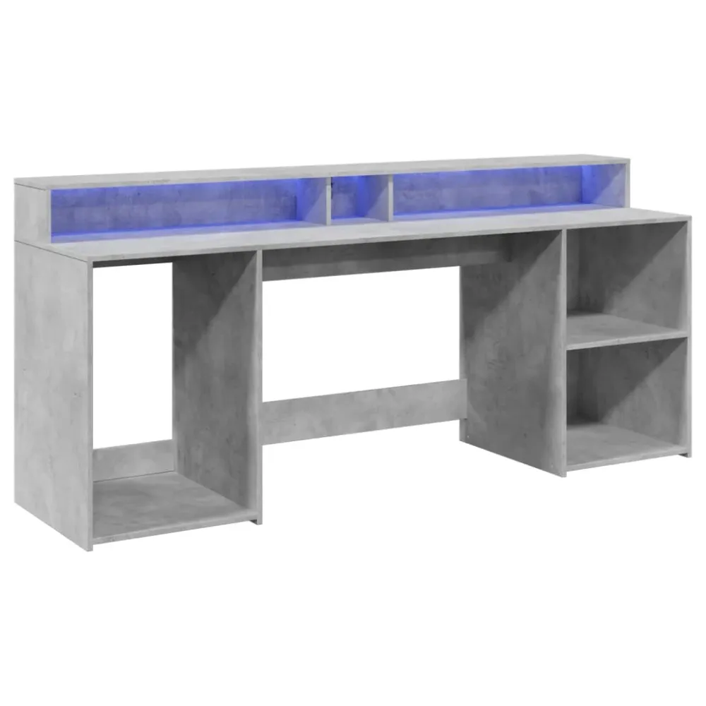Bureau table poste de travail meuble d'ordinateur informatique étude et lumières LED 200 x 55 x 91cm bois d'ingénierie gri...