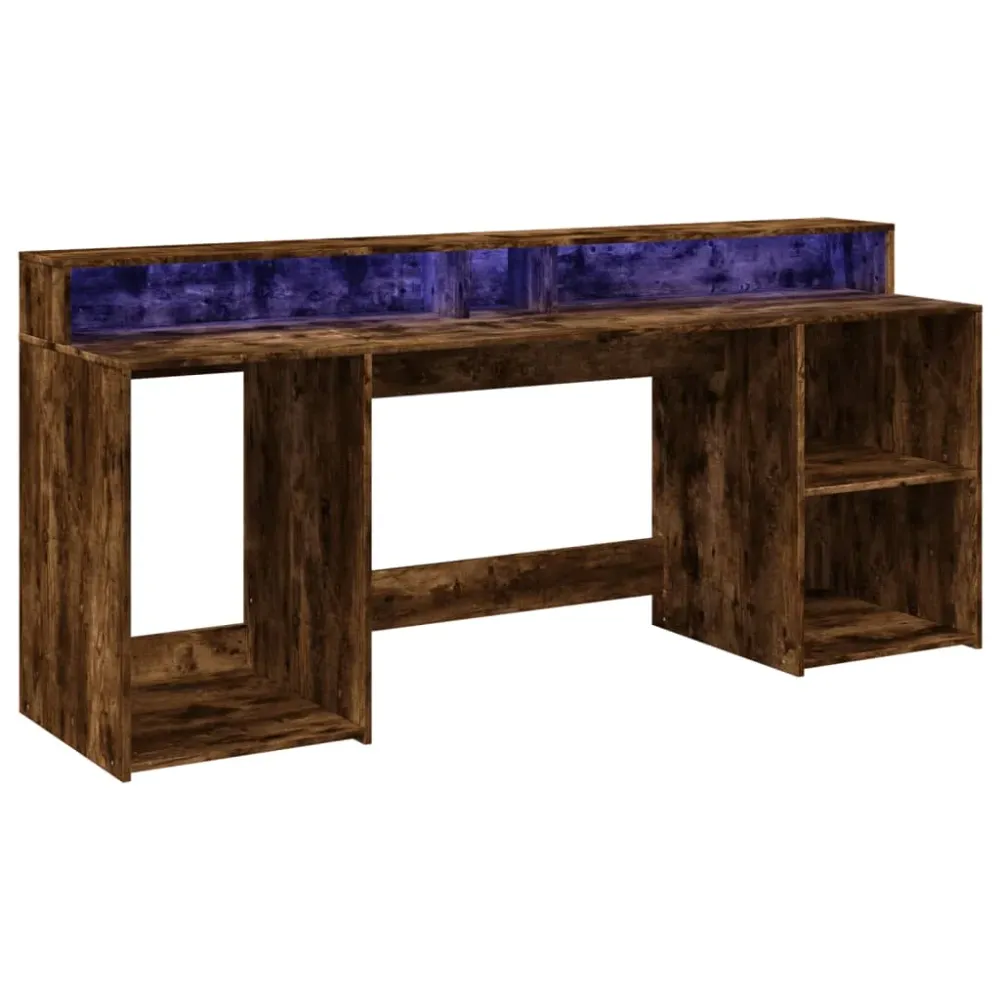 Bureau table poste de travail meuble d'ordinateur informatique étude et lumières LED chêne fumé 200 x 55 x 91cm bois d'ing...