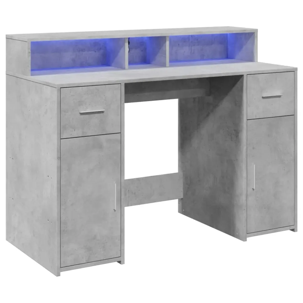 Bureau table poste de travail meuble d'ordinateur informatique étude et lumières LED 120 x 55 x 91cm bois d'ingénierie gri...