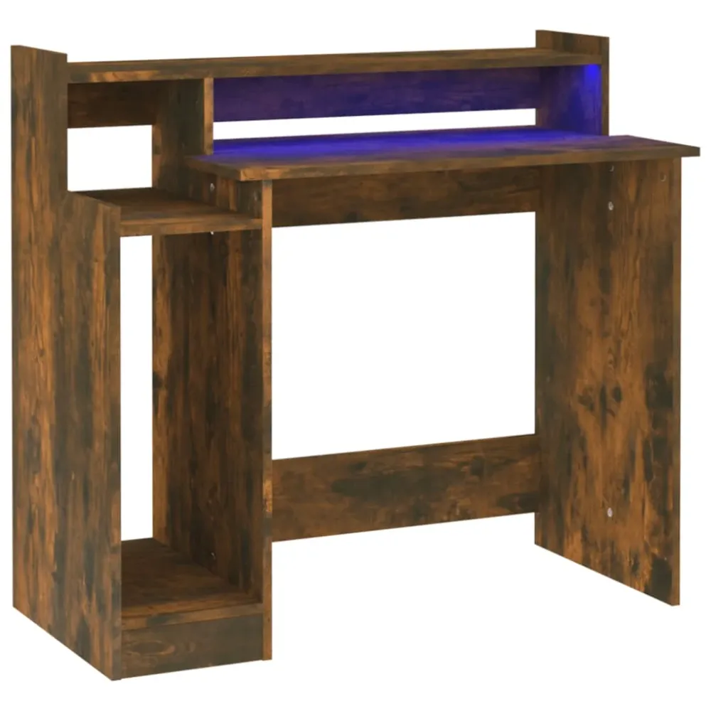 Meuble de Bureau Modulable Bureau table poste de travail meuble d'ordinateur informatique étude et lumières LED chêne fumé...