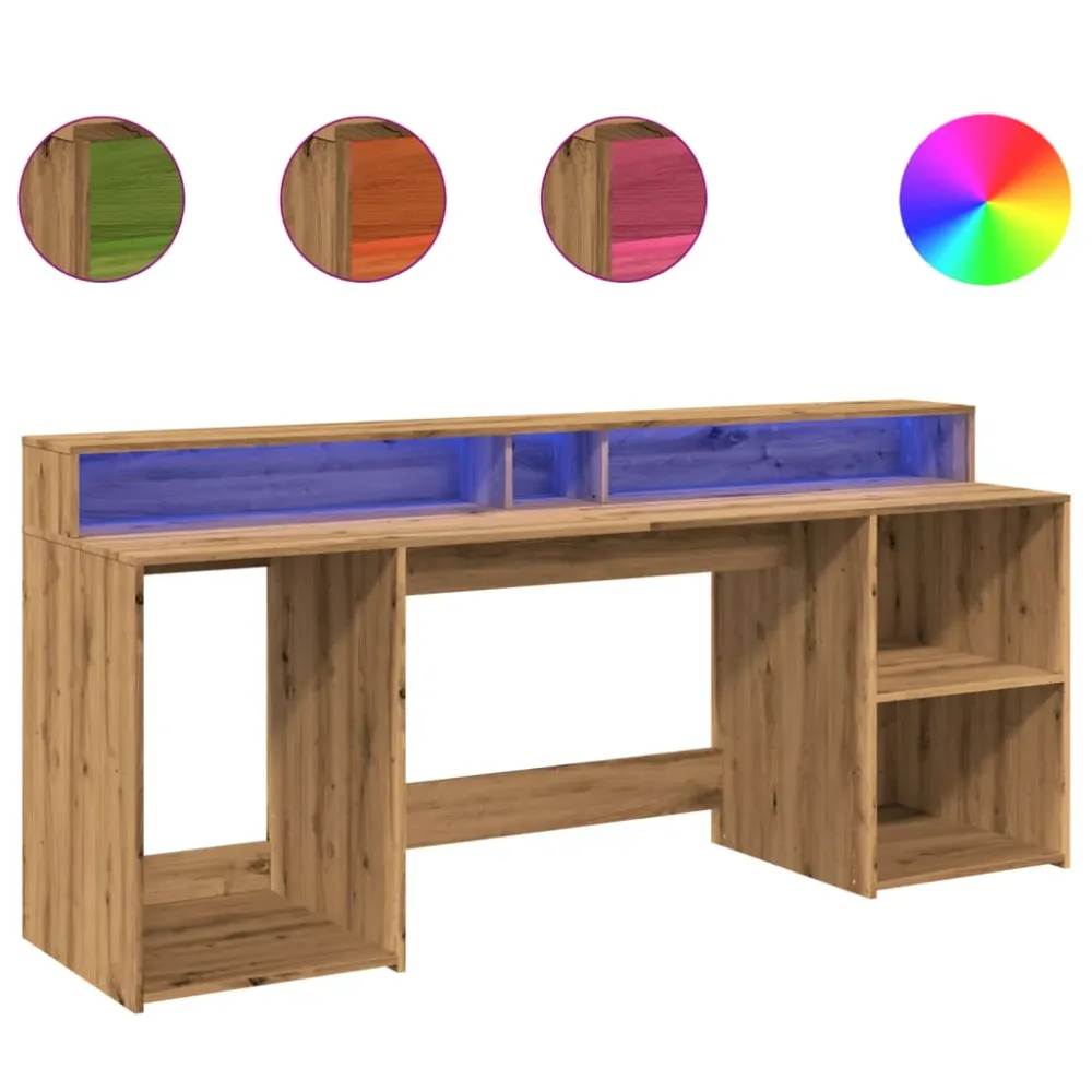 Meuble de Bureau Modulable Bureau table poste de travail meuble d'ordinateur informatique étude avec lumières LED chêne ar...