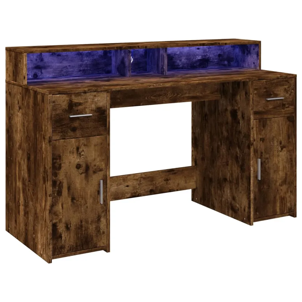 Plan de Travail Ergonomique Bureau table poste de travail meuble d'ordinateur informatique étude et lumières LED chêne fum...