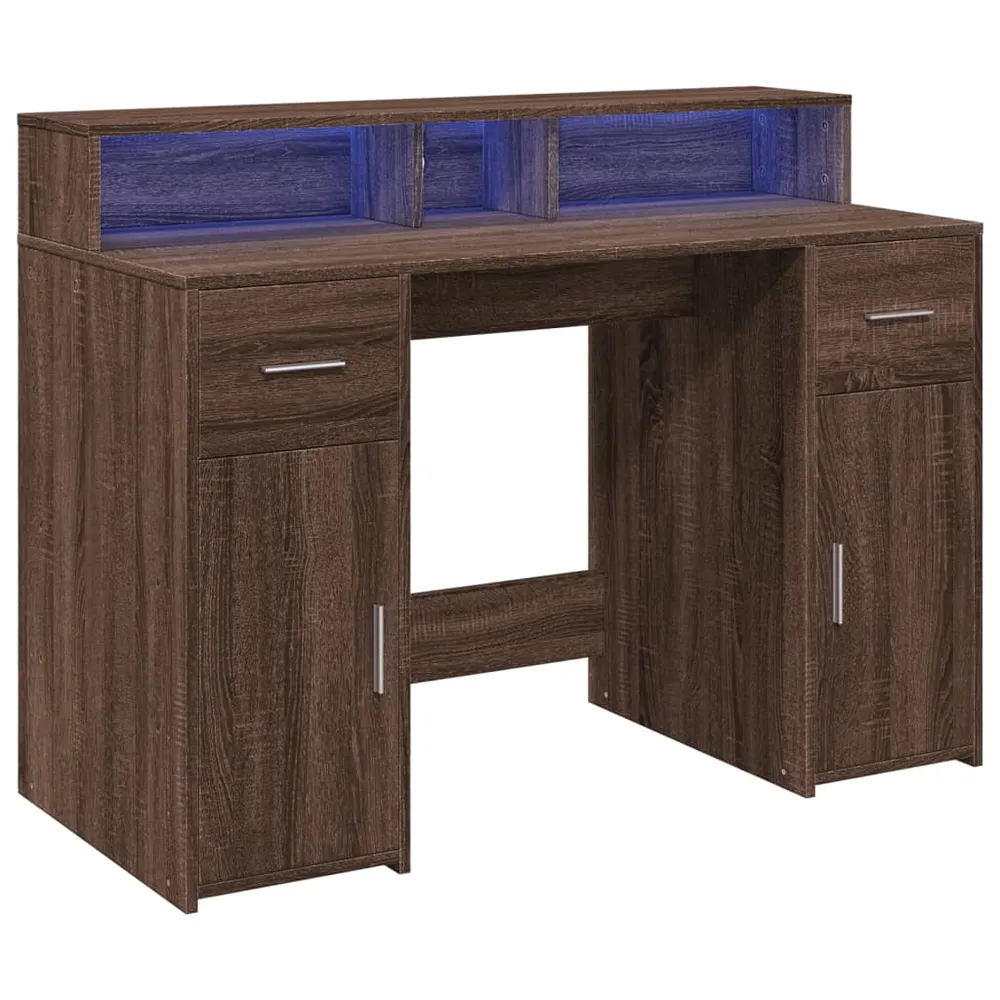Poste de travail assis-debout Bureau table poste de travail meuble d'ordinateur informatique étude et lumières LED chêne b...