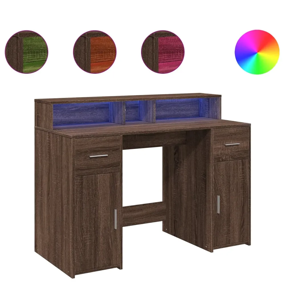 Poste de travail assis-debout Bureau table poste de travail meuble d'ordinateur informatique étude et lumières LED chêne b...