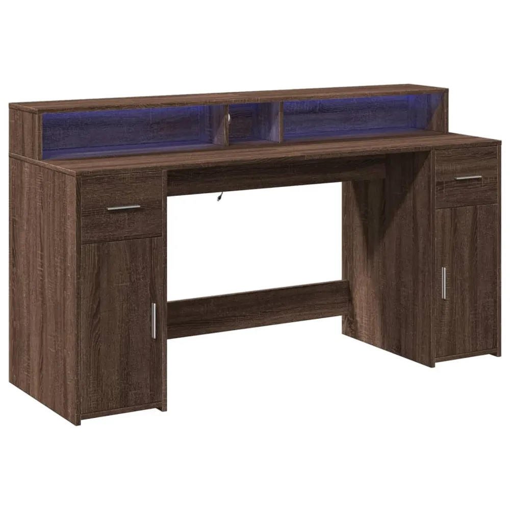 Poste de travail assis-debout Bureau table poste de travail meuble d'ordinateur informatique étude et lumières LED chêne b...