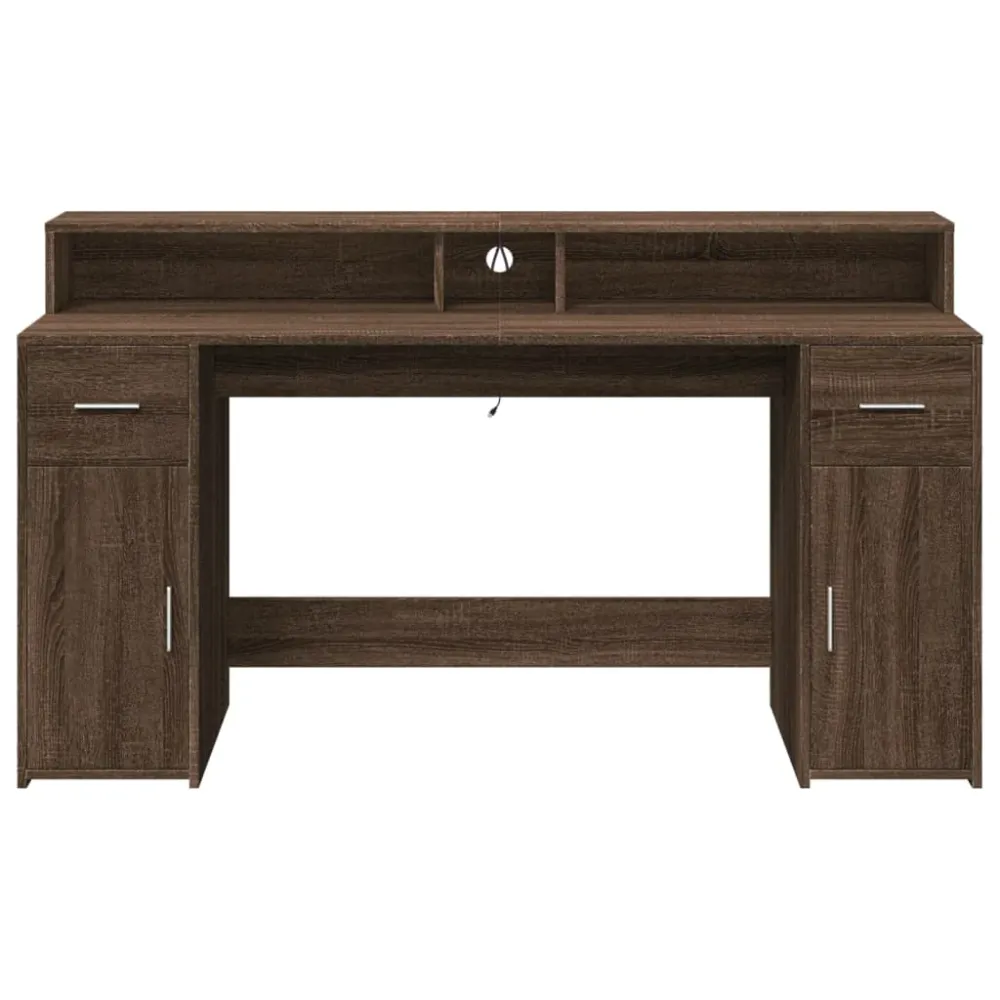 Poste de travail assis-debout Bureau table poste de travail meuble d'ordinateur informatique étude et lumières LED chêne b...