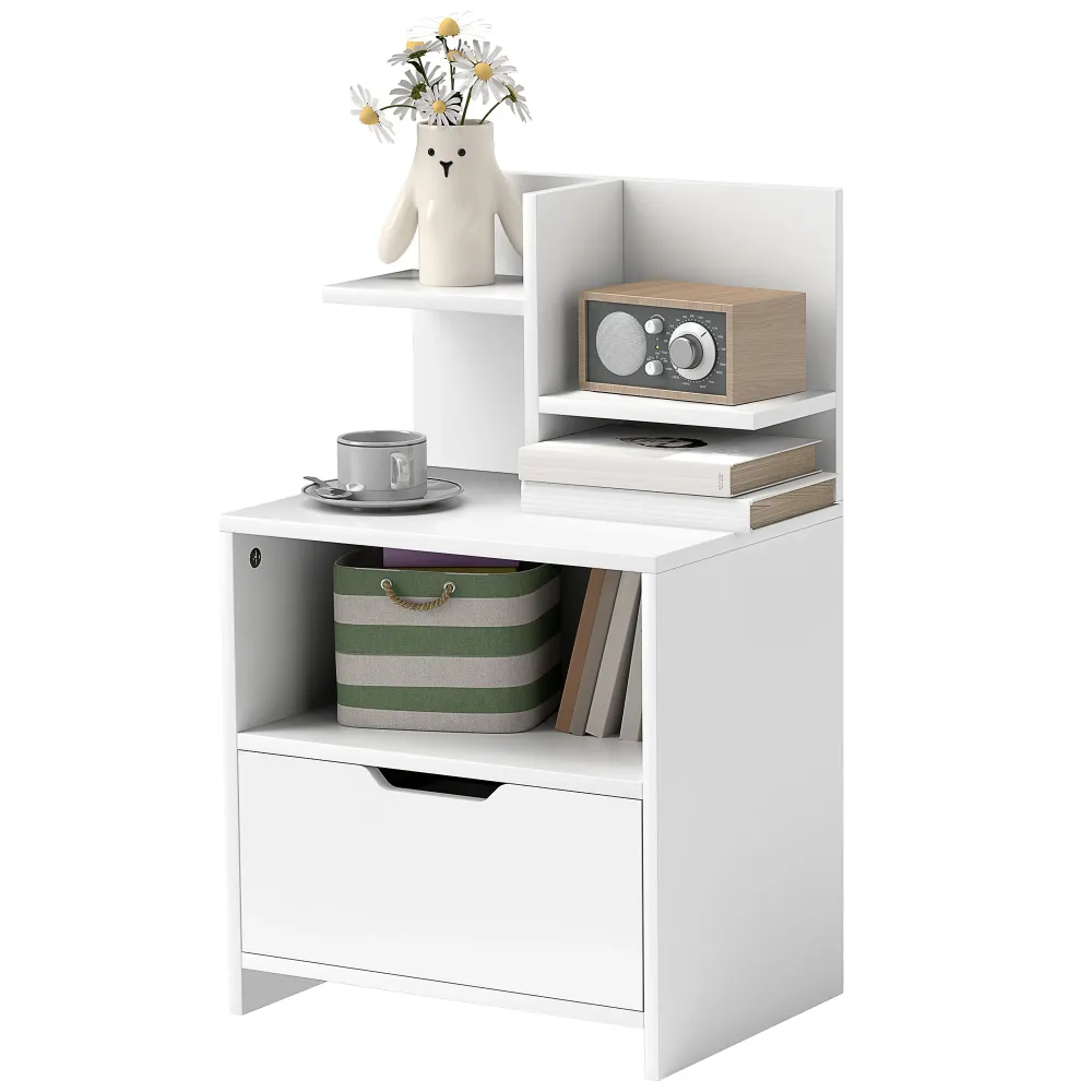 Armoire à clés Table de chevet table de nuit avec tiroir, niche et étagères de rangement effet bois - 45 x 35 x 73 cm blanc