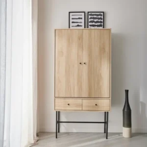 Armoire dressing effet bois rainuré 2 portes. 2 tiroirs. 3 étagères Capacité 200 kg