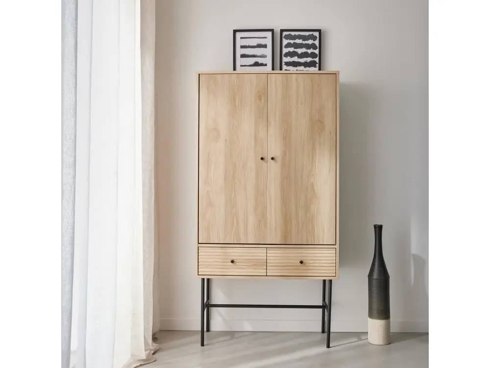 Armoire dressing effet bois rainuré 2 portes. 2 tiroirs. 3 étagères Capacité 200 kg