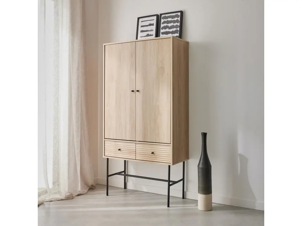 Armoire dressing effet bois rainuré 2 portes. 2 tiroirs. 3 étagères Capacité 200 kg