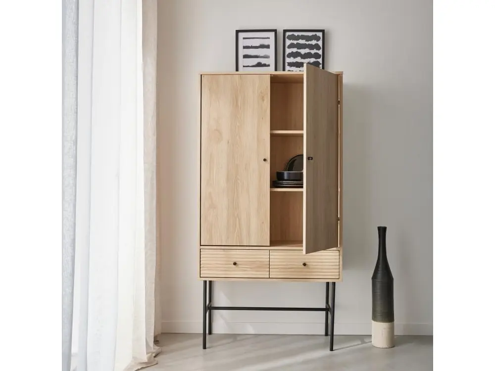 Armoire dressing effet bois rainuré 2 portes. 2 tiroirs. 3 étagères Capacité 200 kg