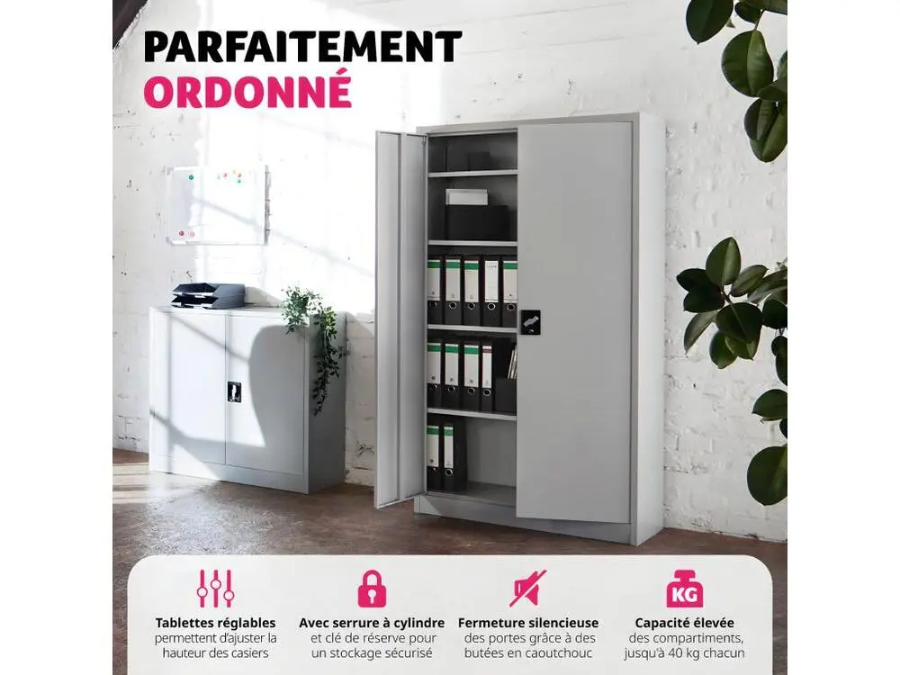 Armoire métallique à dossiers 4 niveaux 140x90x40cm 3 étagères réglables en hauteur Montage mural inclus