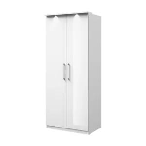 Armoire 2 portes pour dressing collection MODULO coloris blanc avec LED et pack 3 étagères inclus. avec serrure à clé