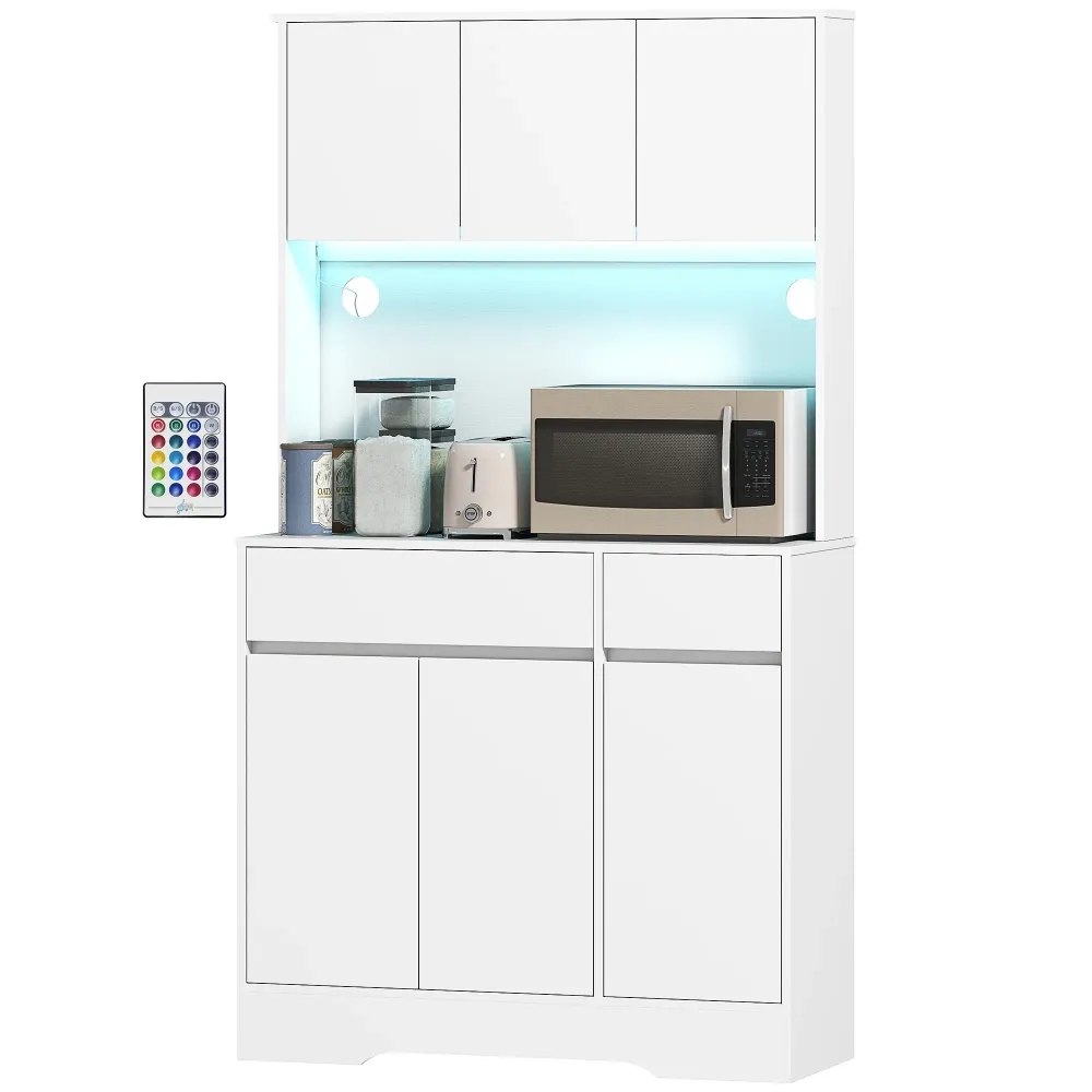 Buffet cuisine avec lumière LED RGB, meuble cuisine rangement haut, meuble de rangement avec plan de travail, 6 portes, 2...