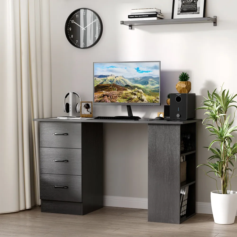 Bureau avec rangement, table informatique 120 x 50 cm, bureau d'ordinateur avec étagères et tiroirs, pour petits espaces,...