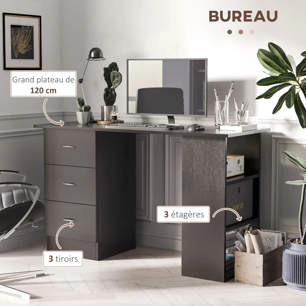 Bureau avec rangement, table informatique 120 x 50 cm, bureau d'ordinateur avec étagères et tiroirs, pour petits espaces,...
