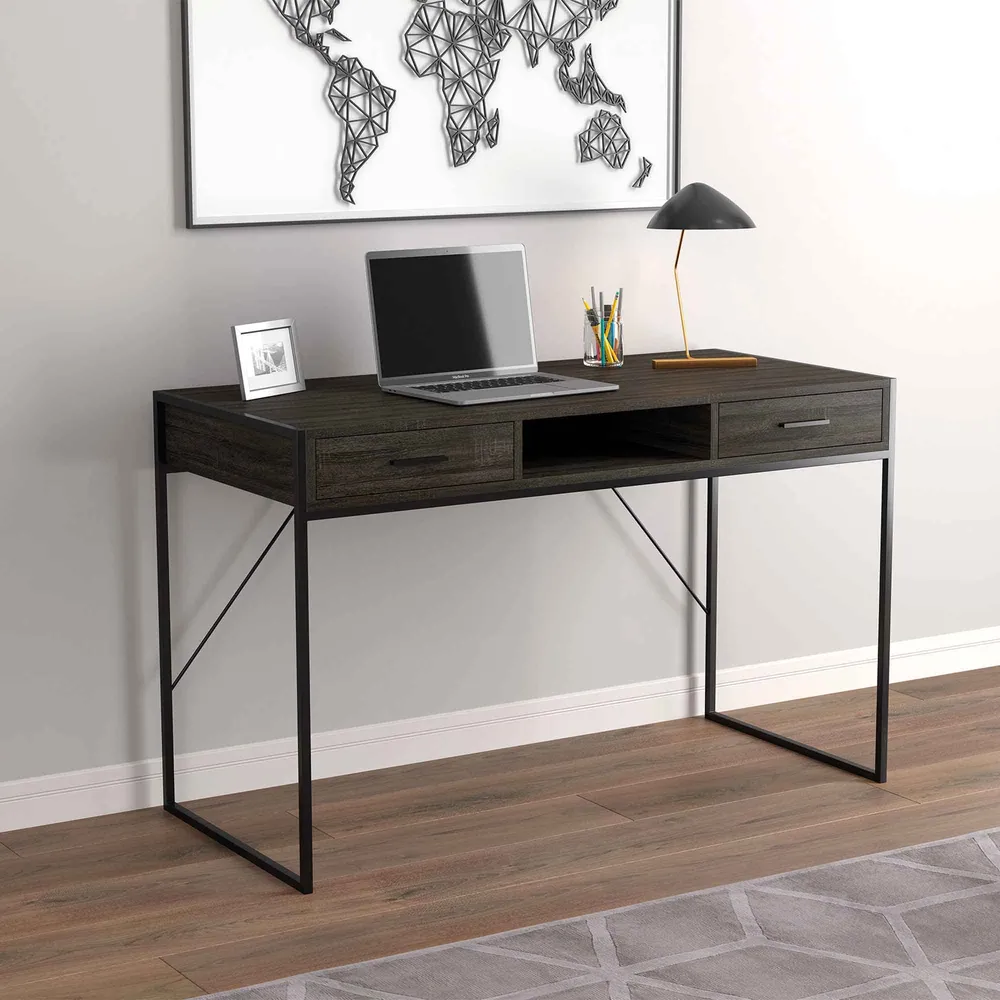 Bureau en bois gris à 2 tiroirs et 1 étagère avec structure en métal noir, 48" x 22" x 30" avec portes coulissantes