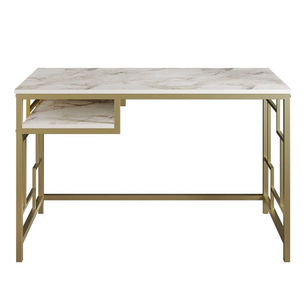 Bureau 1 étagère Officium 120x75cm Bois Blanc effet marbre et Métal Or avec finition anti-poussière