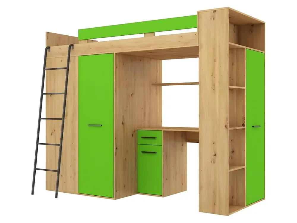 Étagère modulaire Lit Mezzanine 90x200cm avec échelle Placard, Bureau, bibliothèque et beaucoup d'étagéres VENA L Chê...