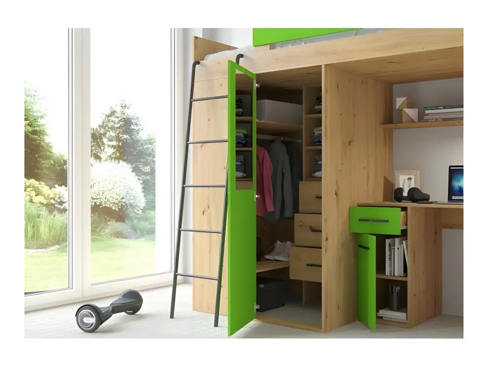 Étagère modulaire Lit Mezzanine 90x200cm avec échelle Placard, Bureau, bibliothèque et beaucoup d'étagéres VENA L Chê...