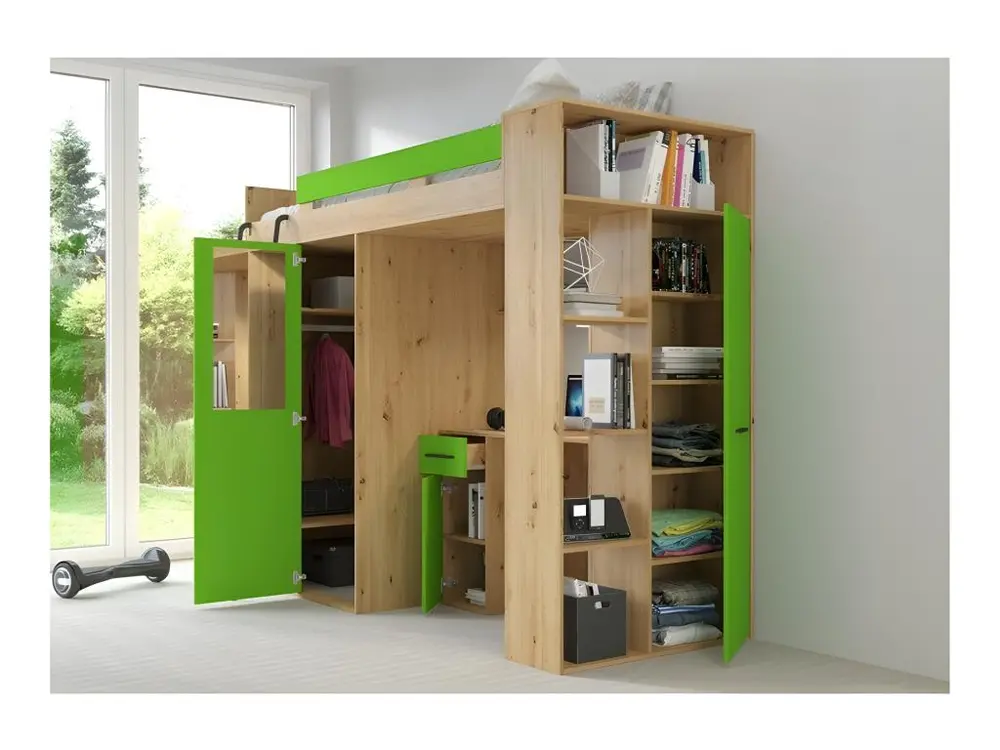 Étagère modulaire Lit Mezzanine 90x200cm avec échelle Placard, Bureau, bibliothèque et beaucoup d'étagéres VENA L Chê...