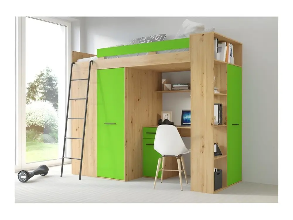 Étagère modulaire Lit Mezzanine 90x200cm avec échelle Placard, Bureau, bibliothèque et beaucoup d'étagéres VENA L Chê...