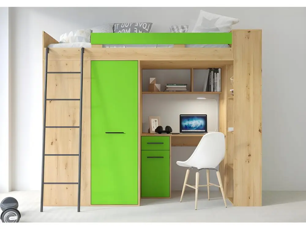 Étagère modulaire Lit Mezzanine 90x200cm avec échelle Placard, Bureau, bibliothèque et beaucoup d'étagéres VENA L Chê...