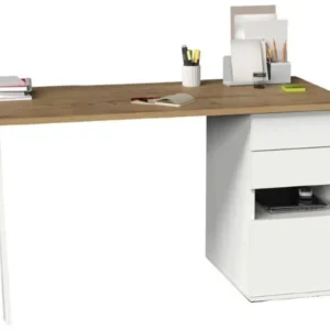 Bureau,table de travail en aggloméré finition chêne doré avec pied en métal blanc-Longueur 137.5 x Profondeur 67 x Hauteur...
