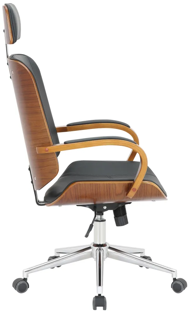 Carnet de reçus Chaise de bureau dossier et l'appuie-tête en métal VINYLE noir et cadre en bois noyer 10_0002452