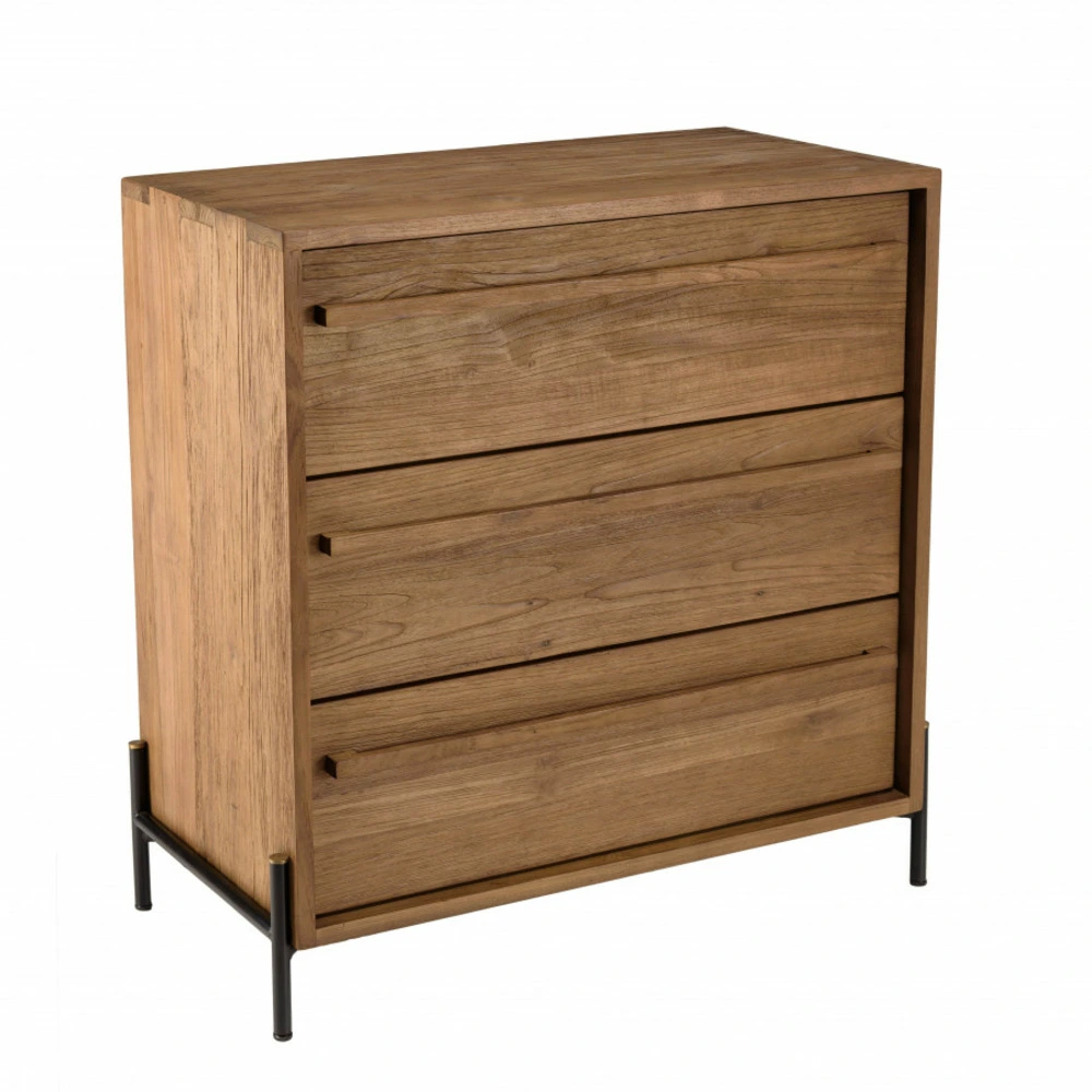 Commode 3 tiroirs en bois de teck recyclé pieds en métal noir