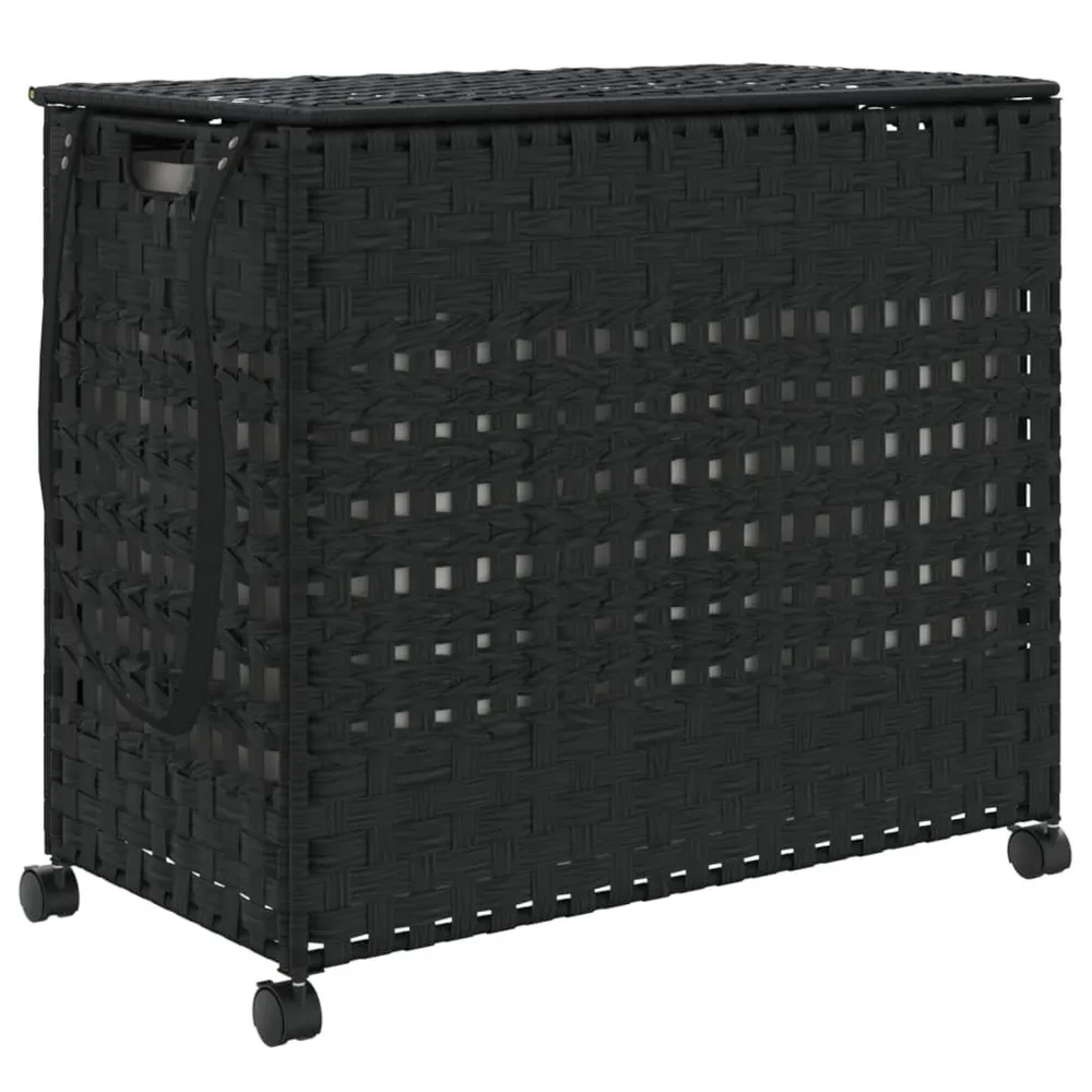 Panier à linge avec roulettes noir 66x35x60 cm résine tressée