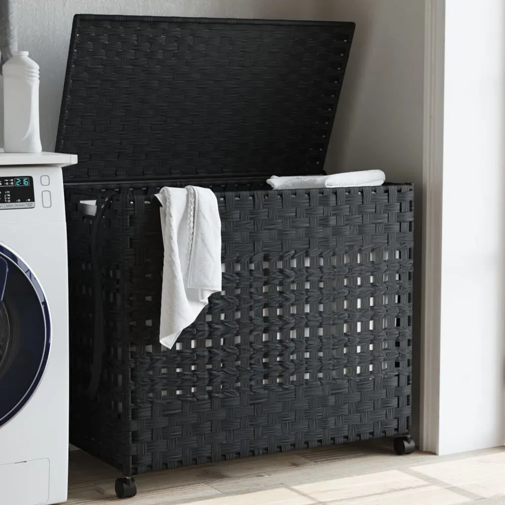 Panier à linge avec roulettes noir 66x35x60 cm résine tressée