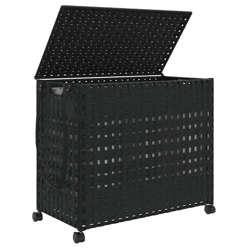 Panier à linge avec roulettes noir 66x35x60 cm résine tressée