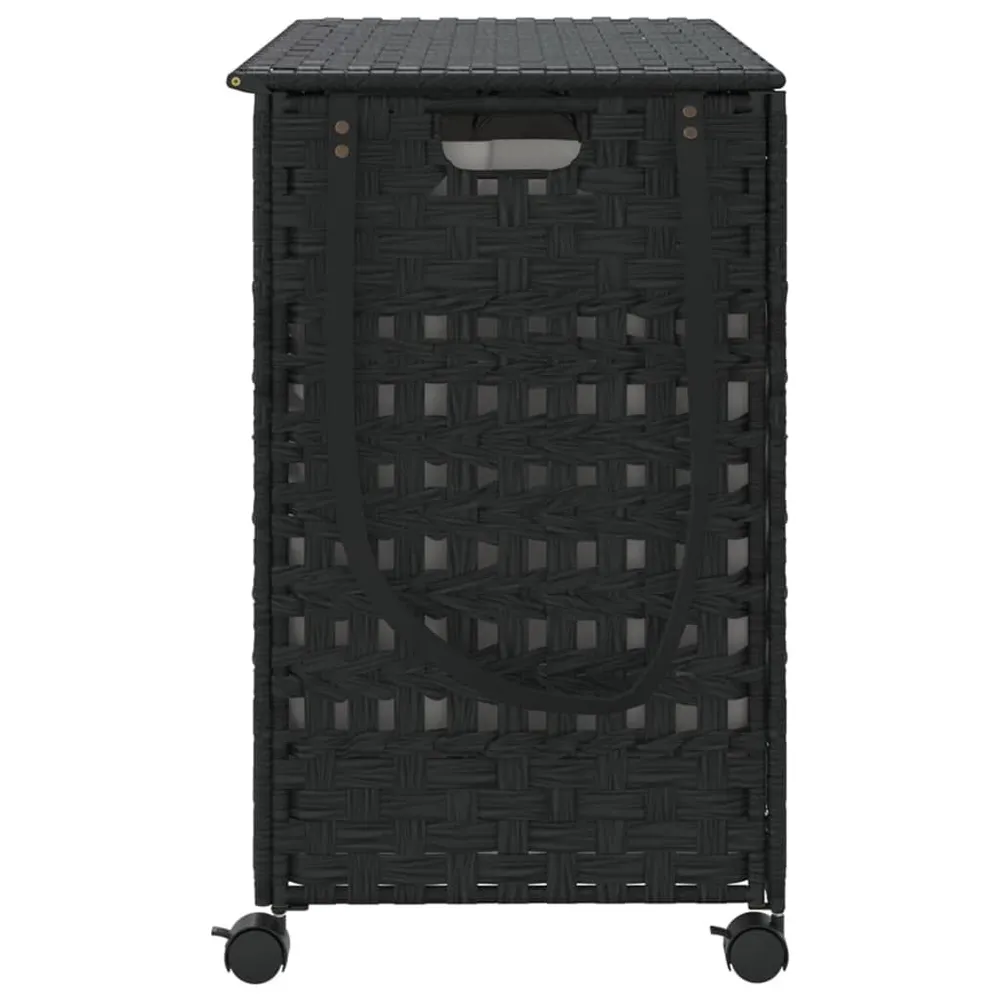 Panier à linge avec roulettes noir 66x35x60 cm résine tressée