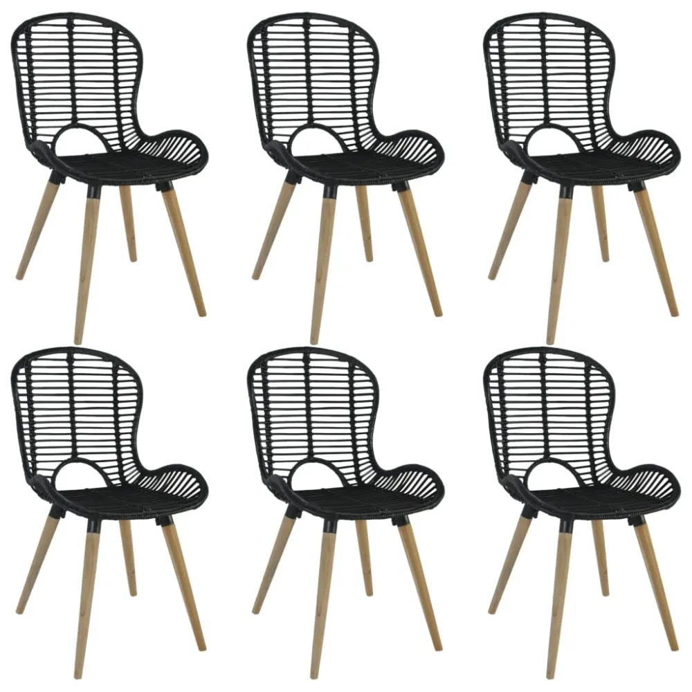 Set de 6 chaises de salle à manger design rustique en rotin naturel noir pieds en bois DEC025700