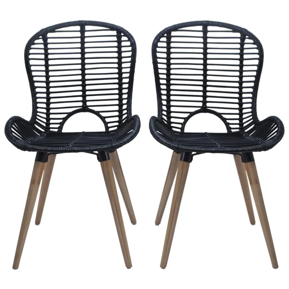 Set de 6 chaises de salle à manger design rustique en rotin naturel noir pieds en bois DEC025700